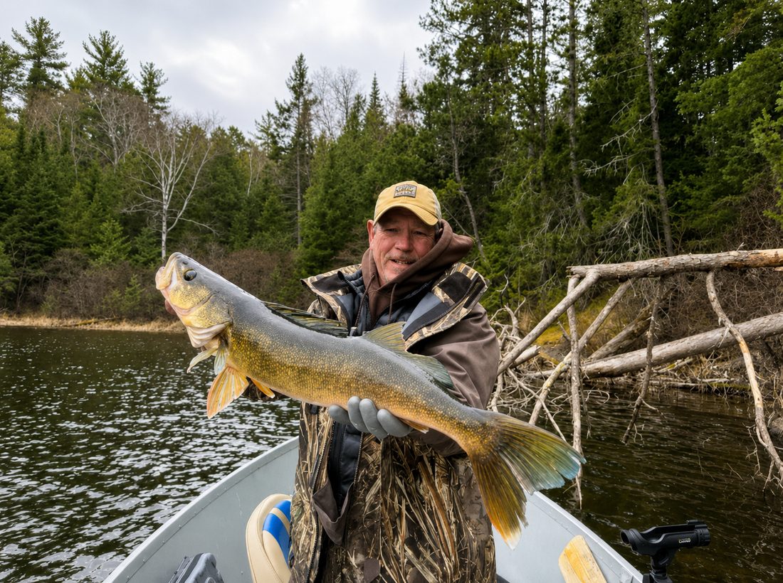 Angler holding a golden walleye caught at Wilderness Fishing Oasis